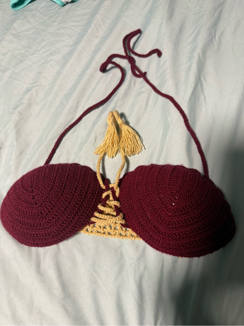 Handmade Crochet Bikini Top - Burgundy with Mustard Tassels small
